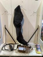 SHOP BOX OF MISC W/ SHELF BRACKETS, CAR SEAT, ROPE, CYCLONE BOOSTER FAN & VENT COVER