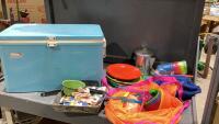 VINTAGE COLEMAN COOLER WITH CAMPING DISHES, COFFEE POT