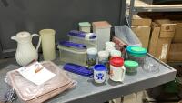 BOX W/ - TUPPERWARE CONTAINERS, GLASS STORAGE BOWLS, CARAFE