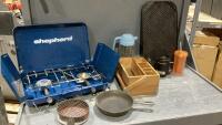 SHEPHERD PORTABLE 2 BURNER CAMP STOVE, GRIDDLE, CAST FRYPAN
