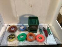 BOX OF ASSORTED TRIMMER CORD WITH FERTILIZER SPREADER AND PRUNING SHEARS