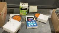 BOX OF ASSORTED LIGHTS -(6) AUTO LIGHTS, FLUORESCENT FLOOD LIGHT and WATERPROOF SMARTPHONE CASE