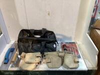 TOOL BAG WITH MOTOMASTER MARINE/LOWER UNIT PUMP, (2) LEATHER TOOL BAG AND CEMENT EDGER