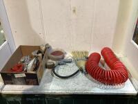 BOX OF TOW STRAPS, TRAILER SAFETY CHAINS, AIR HOSE AND ASSORTED SANDING GRITS