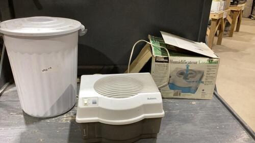 (2)ITEMS - COOL MIST HUMIDIFIER + WHITE PLASTIC GARBAGE BIN