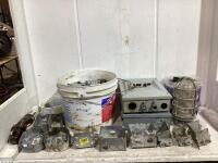 SHOP BOX OF MISCELLANEOUS ELECTRICAL W/ BREAKERS, DUST-PROOF LIGHT BULB & SCREW-IN INSULATORS
