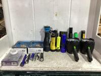 SHOP BOX W/ (2) LED HEADLAMP/KEYCHAIN SETS, BOOK LIGHT, ASSORTMENT OF FLASHLIGHTS & MISCELLANEOUS