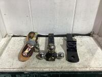 SHOP CRATE W/ TOW STRAP, ASSORTED TRAILER HITCHES & MISCELLANEOUS