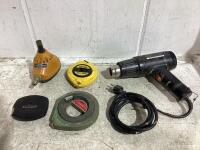 SHOP BOX W/ ASSORTMENT OF MEASURING TAPES, HOTSHOT HEAT GUN & BOSTITCH IMPACT NAILER