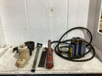 WOODEN CHEST W/ HYDRAULIC PARTS & MISCELLANEOUS