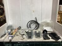 SHOP BOX W/ ASSORTMENT OF MOUNT BRACKETS, EXTENSION CORDS, TUBES, ANODE ROD, 14" WALL VALVE & MISCELLANEOUS