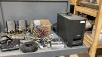 (2) ITEMS - GRAY TOTE W/SPEAKERS, DVD PLAYER, CABLES, + BOSE SPEAKER