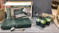 COLEMAN PROPANE STOVE + (3) SMALL PROPANE BOTTLES