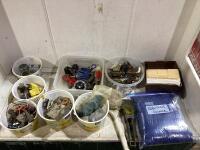 SHOP BOX OF JACK MOUNT, RECIPE BOX, 2 HARD BRUSHES, MALE AND FEMALE PLUGS, ELECTRIC PARTS & MISC