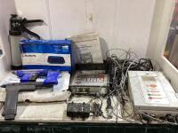 PLASTIC TOTE OF DIGITAL WEIGHT INDICATOR, LIVESTOCK TRACKING SYSTEM, LINSKYS WIFI ROUTER & (6) GUN IMPLANTER