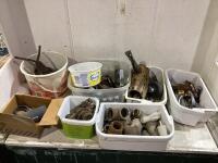 SHOP BOX OF HORSESHOE, ASSORTED PIPE FITTINGS, CAST IRON PULLEY AND MISC