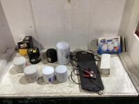 SHOP BOX OF (7) ASSORTED OIL FILTERS (2) 100 WATTS LIGHT BULB, SOLAR PANNEL