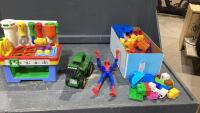 (2)ITEMS- BOX W/MEGA BLOCKS, TOY WORK BENCH W/TOOLS, TRACTOR