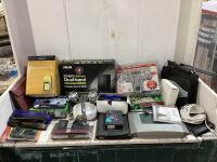SHOP BOX OF ASUS ROUTER DUAL-BAND WIRELESS, NOTEBOOKS, DLINK ROUTER, ETHERNET CABLE, FAUCET, ETREX VENTURE HC GPS, CT700 DIGITAL CAMERA & MISC