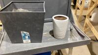 LARGE GRAY PLASTIC PLANTER , WHITE PLANT POT , LITTLE RAKE, SHOE HORN