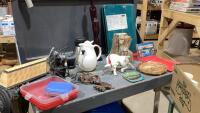 (2)BOXES - CARAFES, ORNAMENT DIVIDERS, CERAMIC BULL, IRON, PLASTIC CONTAINER