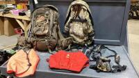 BOX W/(2)CAMO BACKPACKS, (2) DOG VESTS, POUCH