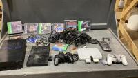 BOX W/ (2) SONY PS2 CONSOLES, (1)PS1 UNIT, CONTROLLERS AND GAMES