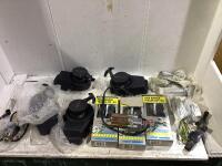 SHOP BOX OF (3) FORD BRONCO TRAILER TAP KIT, (4) PULL START RECOIL STARTER COVERS, (2) ELECTRIC STARTER MOTOR & A PLASTIC BAG OF INTAKE AND EXHAUST VALVES