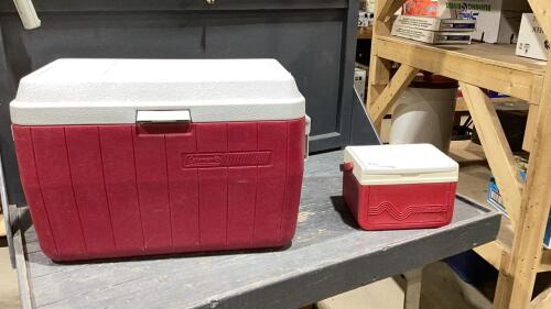 COLEMAN RED + WHITE COOLER W/ SMALL COLEMAN COOLER INSIDE