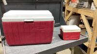 COLEMAN RED + WHITE COOLER W/ SMALL COLEMAN COOLER INSIDE