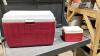 COLEMAN RED + WHITE COOLER W/ SMALL COLEMAN COOLER INSIDE