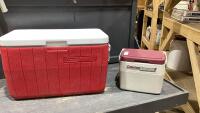COLEMAN RED + WHITE COOLER W/SMALL COLEMAN PERSONAL COOLER INSIDE