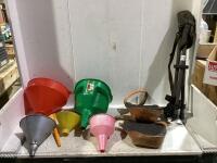 SHOP BOX OF ASSORTED FUNNELS (2) LEATHER KNEE PADS AND A FOLDABLE OUTDOOR CHAIR