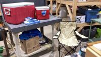 COLEMAN RED + WHITE COOLER, SMALL COOLER W/ICE PACKS + FOLDING CHAIR