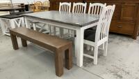 RECTANGLE TABLE W/ ARBORITE TOP, (4) CHAIRS & A BENCH