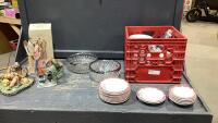 CRATE + BOX W/ ERICA VITRIFIED DISHES, CUT GLASS BOWLS, FIGURINES