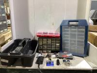 PLASTIC TOOL BOX WITH PLASTIC ORGANIZERS, SCREWDRIVER BIT SET, HID HEAD LAMP