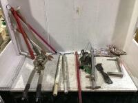 BUCKET WITH BURDIZZOS, DRENCHING PUMP, DYNACAST, (2) AIR HAND PUMP & MISC