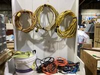 SHOP BOX OF ASSORTED POWER EXTENTION CABLES & HEAVY DUTY RATCHET STRAPS