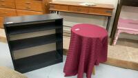 SMALL BLACK SHELF & ROUND SIDE TABLE W/ BURGUNDY TABLECLOTH