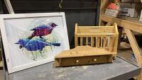 (3)ITEMS - BIRD PICTURE, MAGAZINE RACK + WOOD WALL SHELF