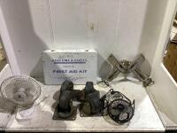 SHOP BOX OF (4) SWIVEL CASTER WHEELS, ELECTRIC FAN, CORNER CLAMP & FIRST AID KIT