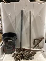 BUCKET W/ ALUMINUM ANGLES, METAL PIPE, CHAIN HOOKS & MISCELLANEOUS