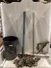 BUCKET W/ ALUMINUM ANGLES, METAL PIPE, CHAIN HOOKS & MISCELLANEOUS
