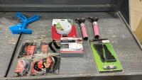 BOX W/ PAINT MIXER, FLOOR TOOL KNIVES, SCRAPERS, STRAP HINGE, (2) SMOKE DETECTORS