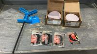 BOX W/ PAINT MIXER, SANDING DISCS, FLOOR TOOL BLADES