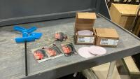 BOX W/PAINT MIXER, FLOOR TOOL BLADES, SANDING DISCS