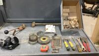 BOX W/ GRINDER WHEELS, RESPIRATOR, TAPE MEASURE, ASSORTED TOOLS