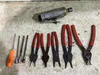 SHOP BOX W/ BLUE-POINT AIR DIE GRINDER, RING PILERS & MISCELLANEOUS