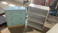 SMALL 3 DRAWER DRESSER, WHITE BOOKSHELF W/ 2 ADJUSTABLE SHELVES